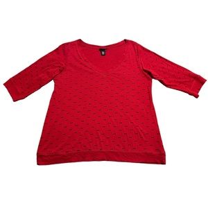 Torrid Red Black Bow Tie Print Tee V-Neck Top 3/4 Sleeve Women’s Size 0